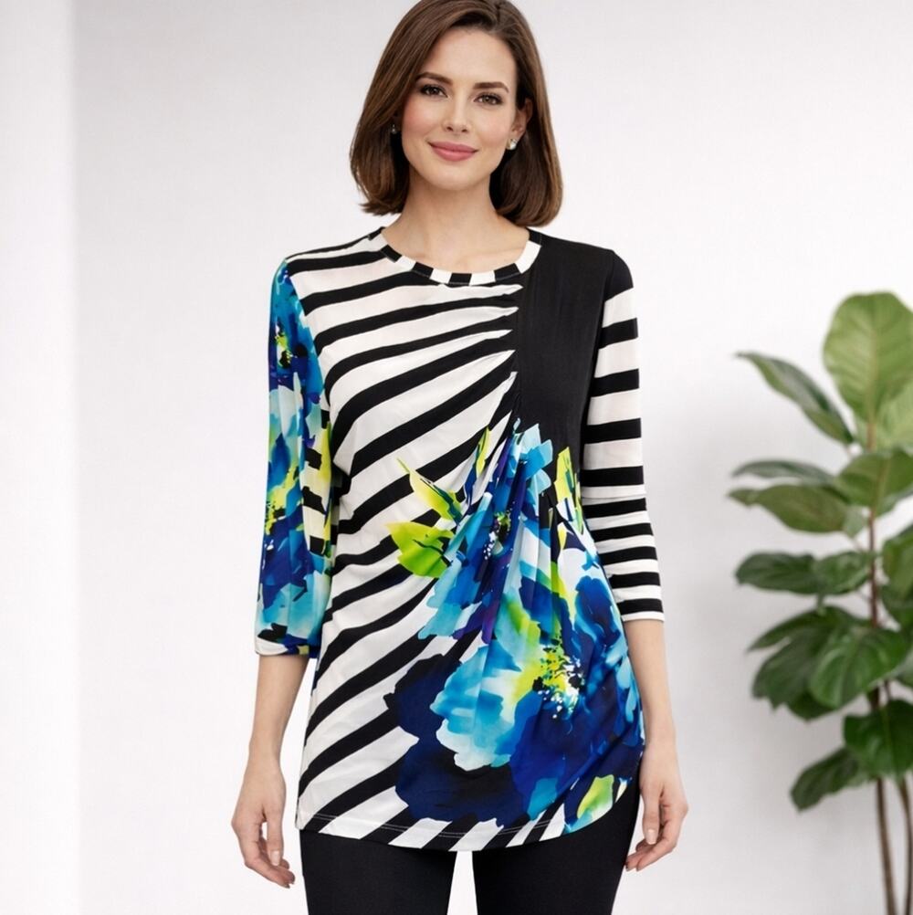 Investments Black & White Striped Gathered Floral Tunic Top Sz L #940